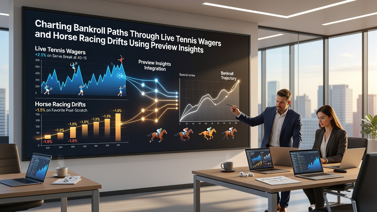 Horse racing odds drift chart overlaid with tennis live betting paths and preview metrics