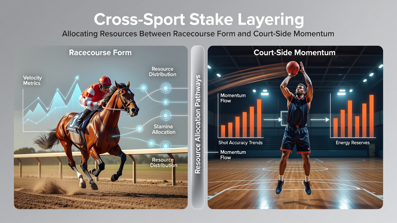 Flow diagram showing sequential stake distribution from racecourse selections to tennis live adjustments