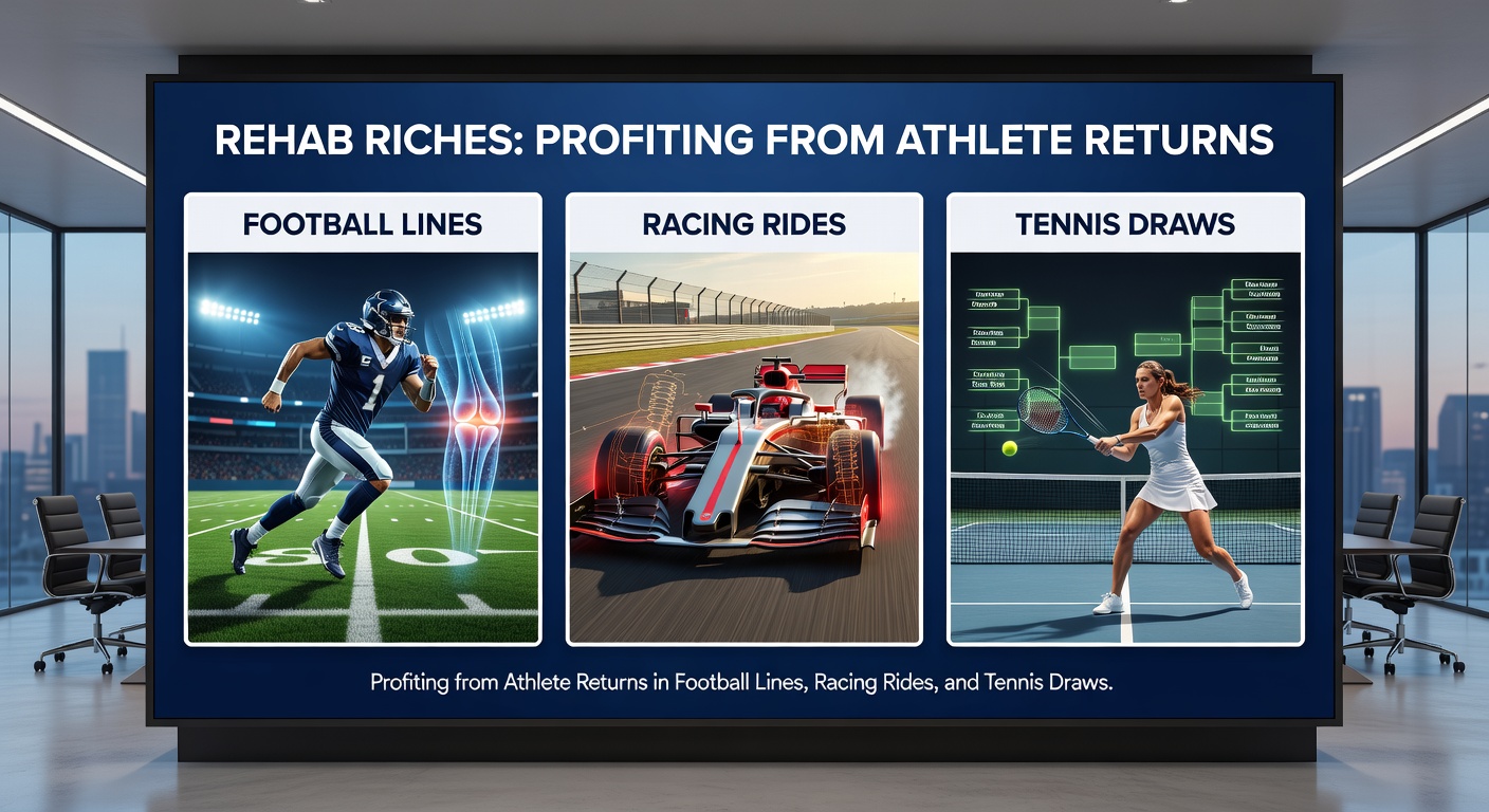 A tennis player serving powerfully after injury recovery, overlaid with betting odds fluctuating on a digital display