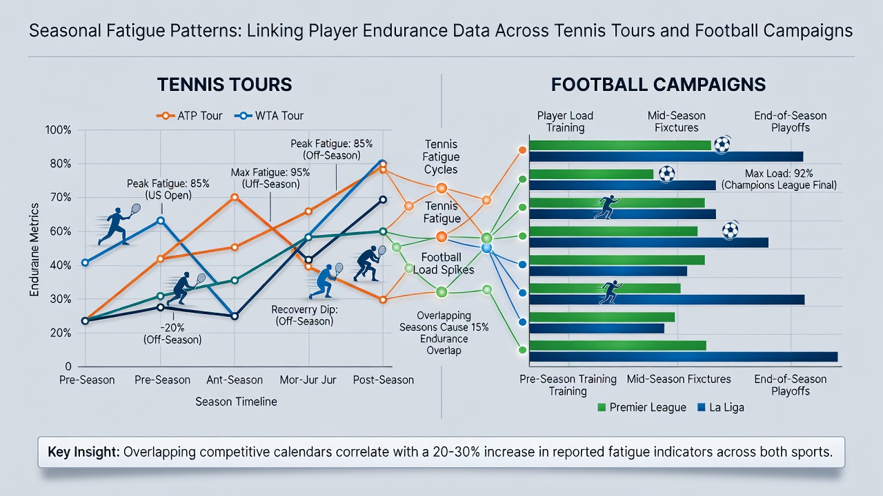 Coaches reviewing endurance analytics dashboards linking tennis tour schedules with football campaign data