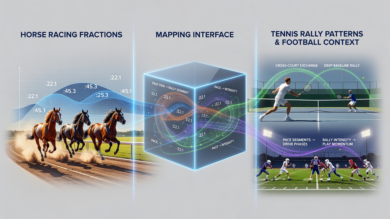 Tennis court with overlaid rally trajectory lines transitioning into football pitch movement vectors and horse racing sectional markers