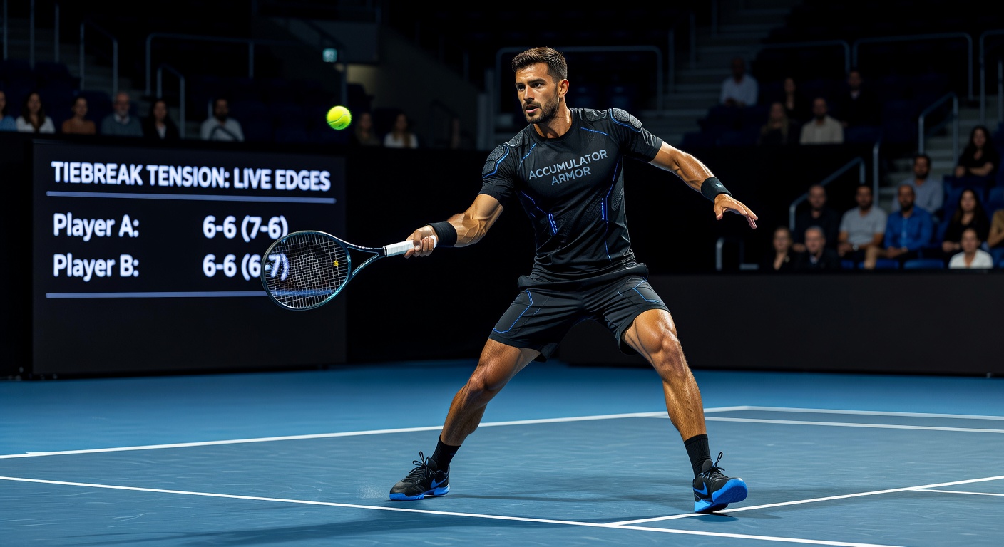 Close-up of a tennis racket mid-serve during a tiebreak, net in focus with blurred crowd in background