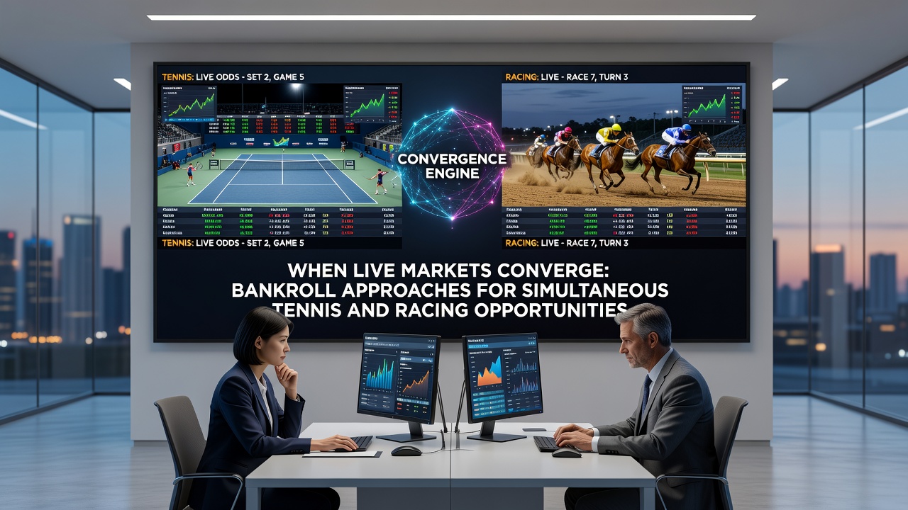 Split screen showing live tennis odds and racing form guides during overlapping events
